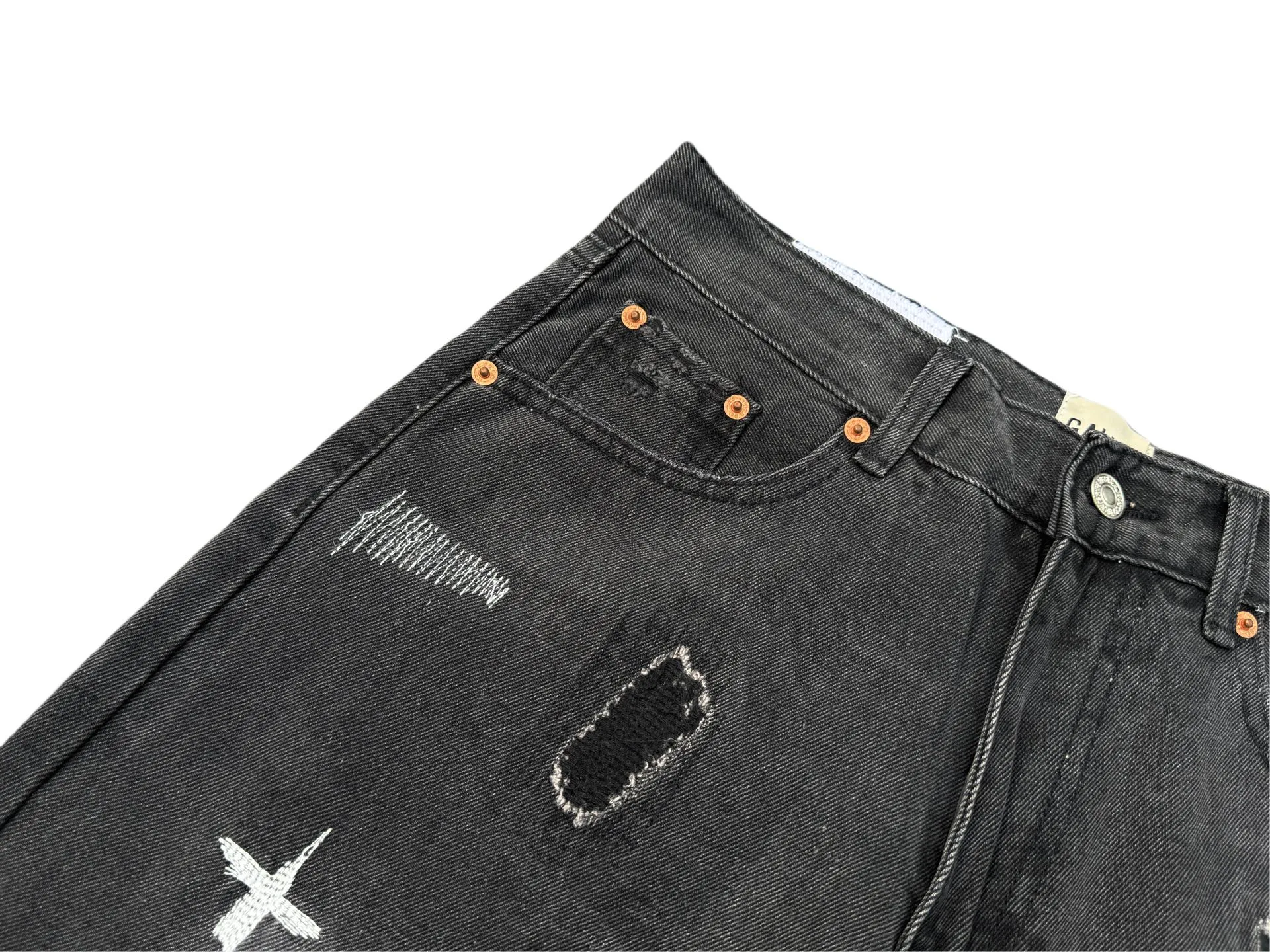 P246💰G22 GALLERY DEPT. Skull hand-stitched distressed distressed jeans -Color: Black -Size: S-XXL